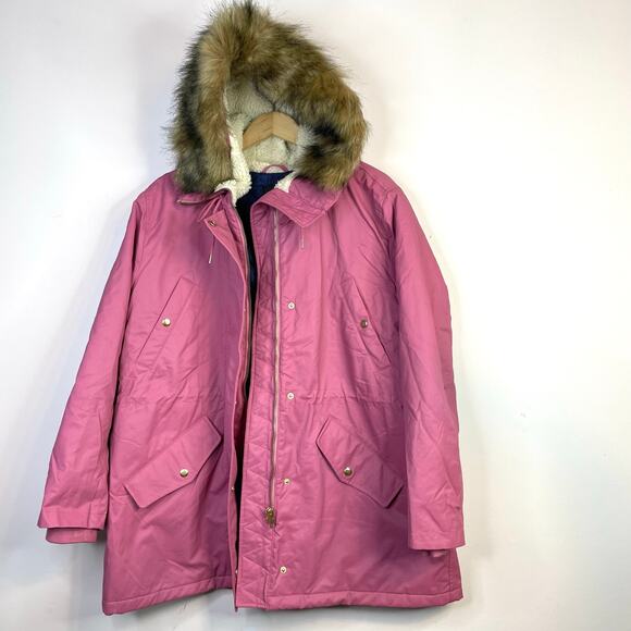 J Crew Perfect Parka Primaloft Pink Winter Snow Coat Faux Fur Hooded Womens XXL - Picture 3 of 17